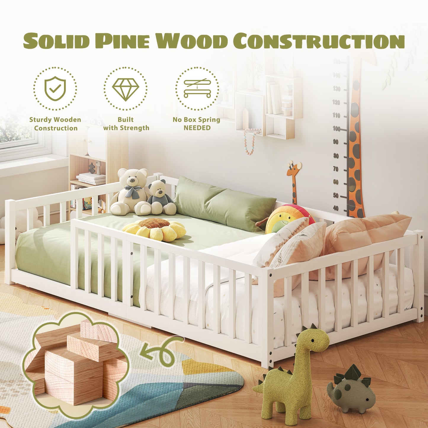 Toddler Floor Bed with Wood Slats, Twin Size Montessori Bed Frame for Girls and Boys, high Safety Guardrails, No Box Spring Needed, White
