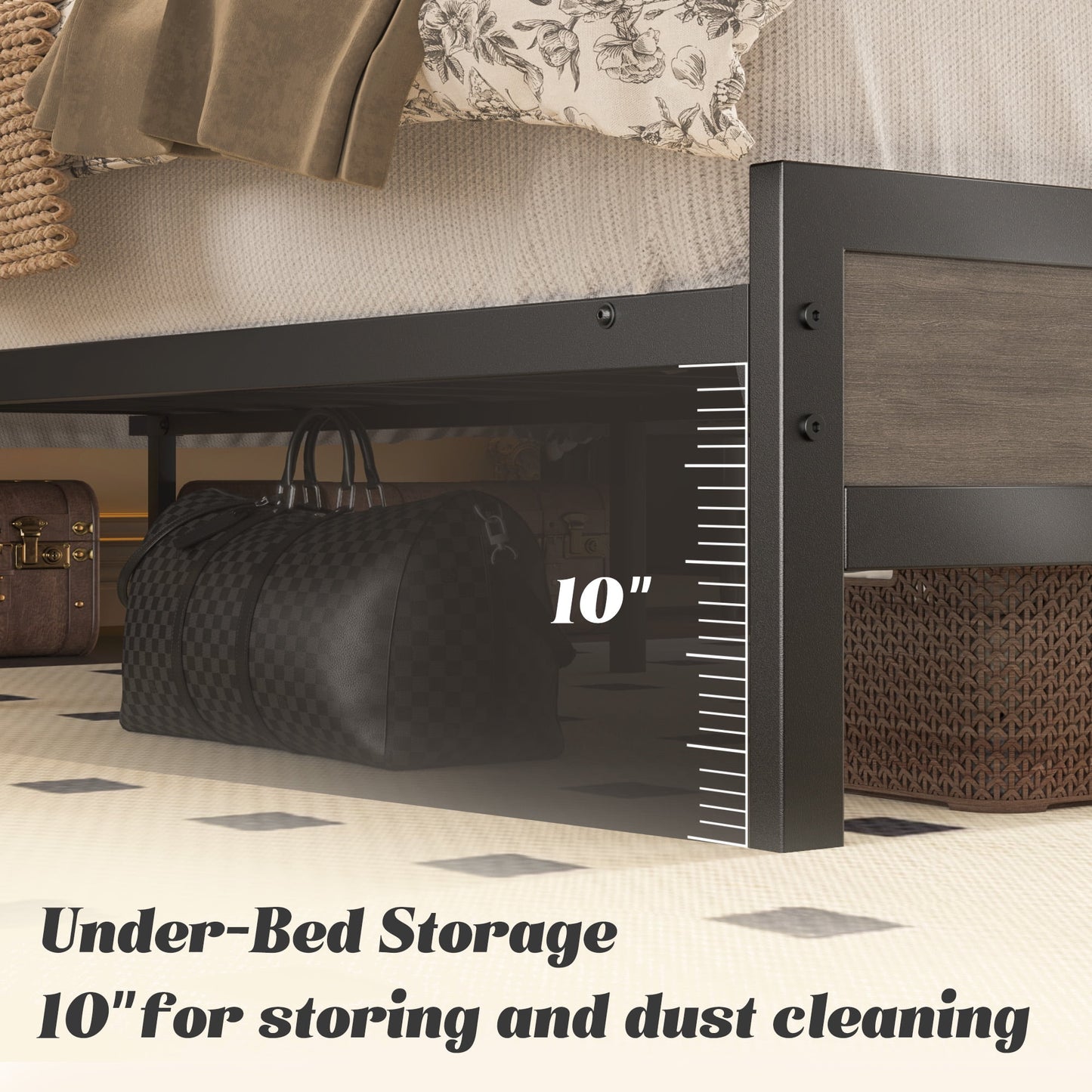 Queen Bed Frame with Headboard & Footboard, Bed Frame with Built-in Charging Station & LED Light, Storage Shelf, Noise-Free, No Box Spring Needed, Easy Assembly, Rustic Grey