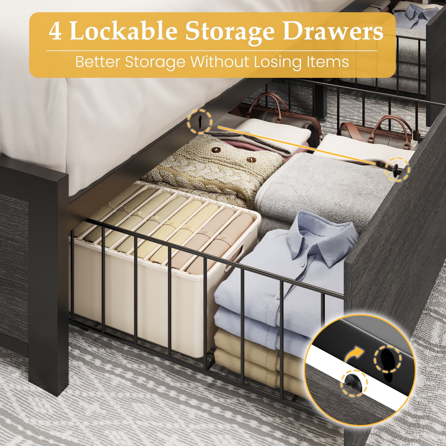 Lifezone King Size Bed Frame with 2-Tier Bookcase Headboard Platform Bed with Charging Station & LED, 4 Storage Drawers, Metal Support, No Box Spring Needed, Noise Free, Grey