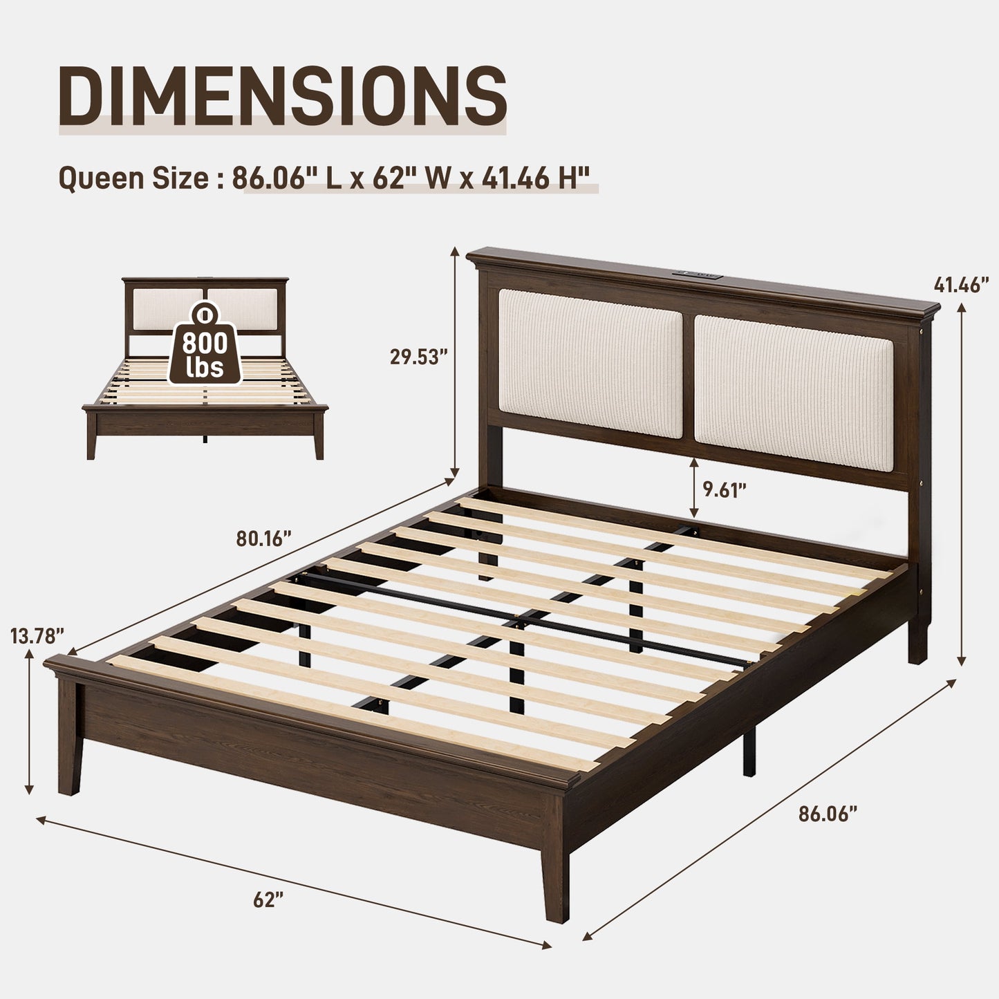 Lifezone Queen Solid Wood Platform Bed Frame, White Diamond Tufted Upholstered Headboard with LED Light, Noise-Free, Brown