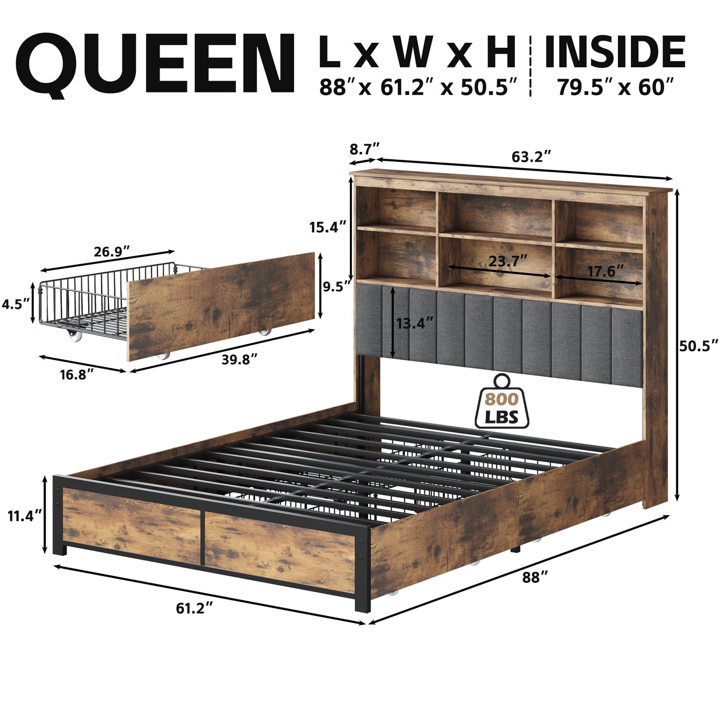 Lifezone Bookcase Beds Queen Bed Frame with Wooden Platform, Rustic Brown