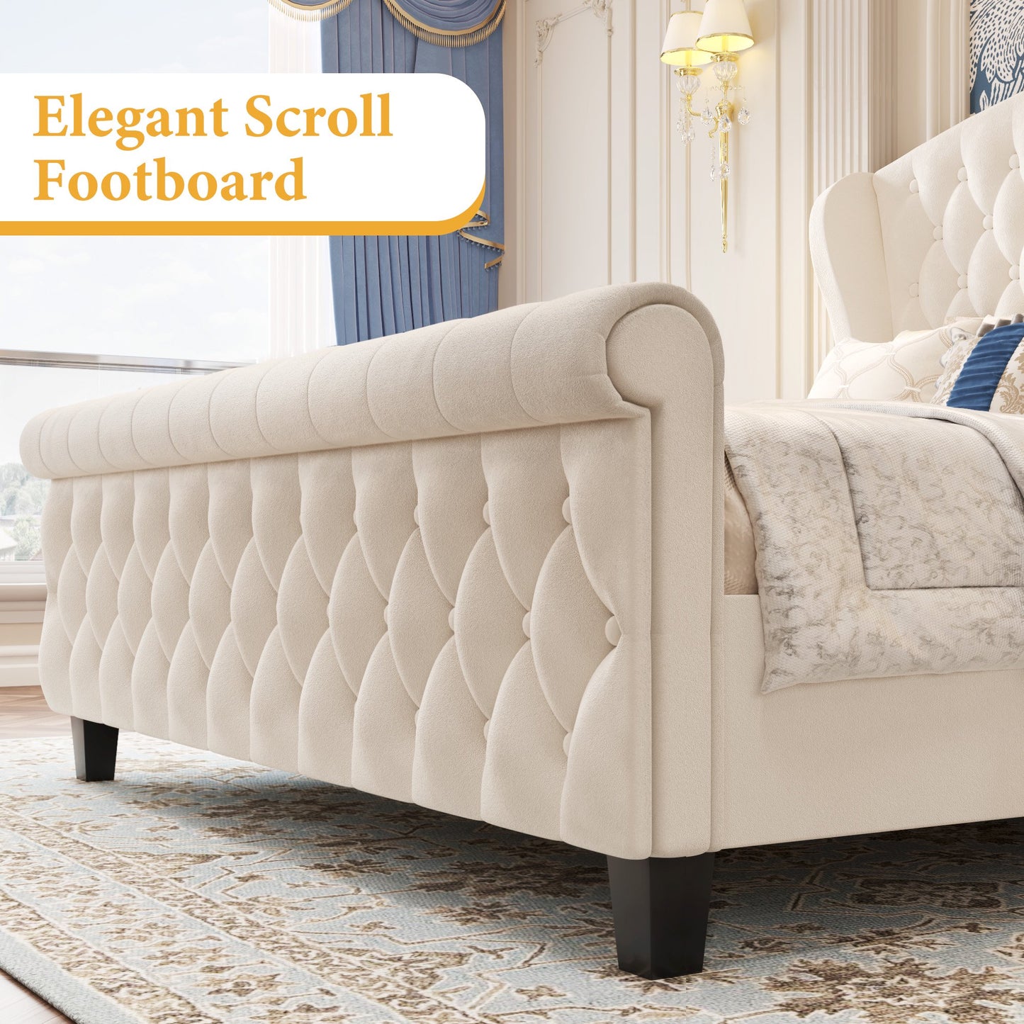 Lifezone Queen Bed Frame with Scroll Wingback Headboard, 52.5" Tall Velvet Upholstered Sleigh Bed Frame, Easily Assemble No Box Spring Needed, White