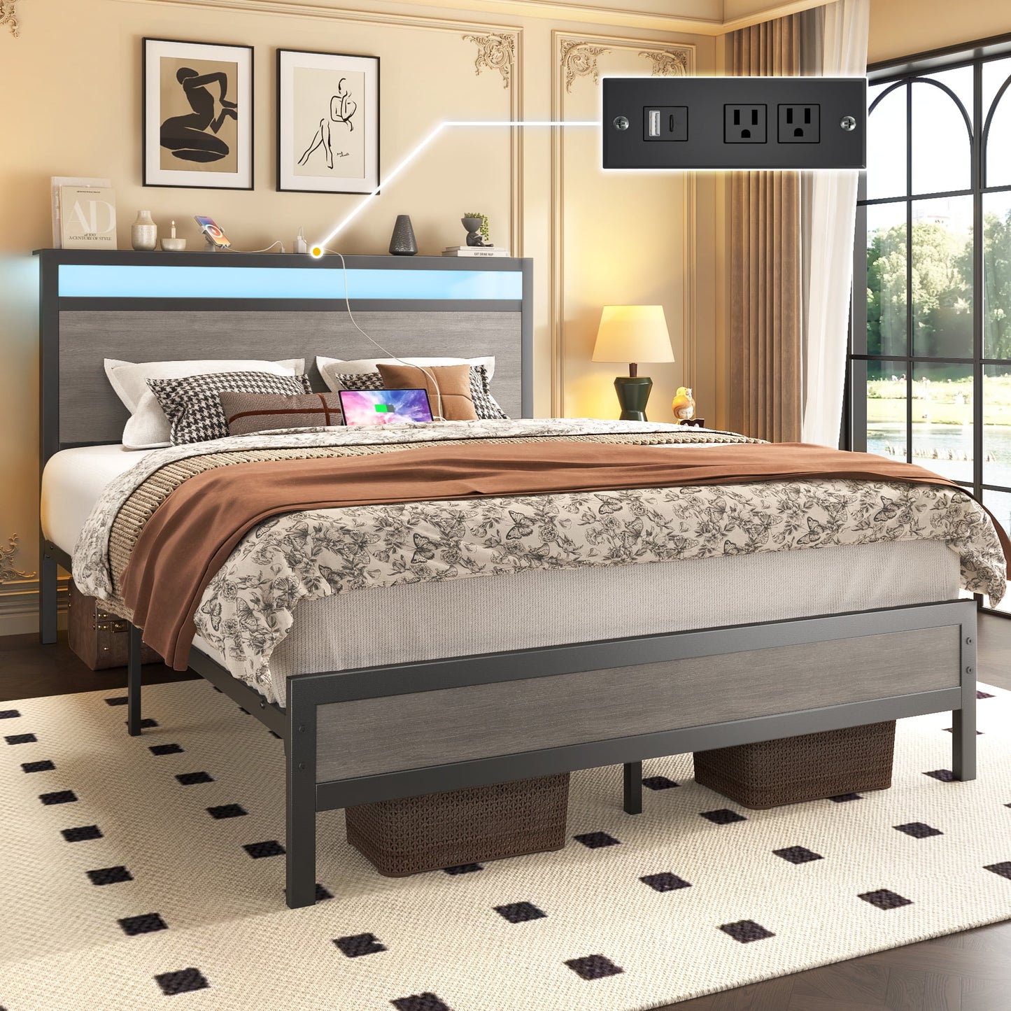 Full Bed Frame with Storage Headboard & Storage Drawer, Charging Station & LED Light, No Box Spring Needed, Noise Free, Easy Assembly, Gray