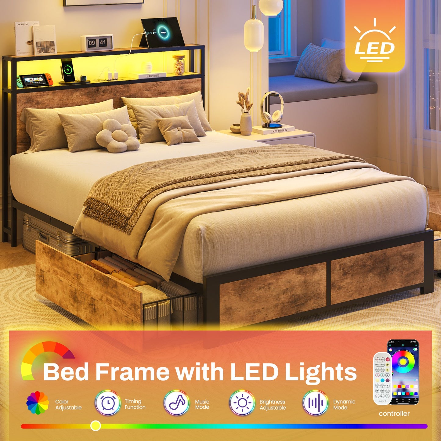 Lifezone Twin Bed Frame with 2 Storage Drawers, Platform Bed Frame with Headboard, Charging Station & LED, Metal Support, No Box Spring Needed, Noise Free, Brown