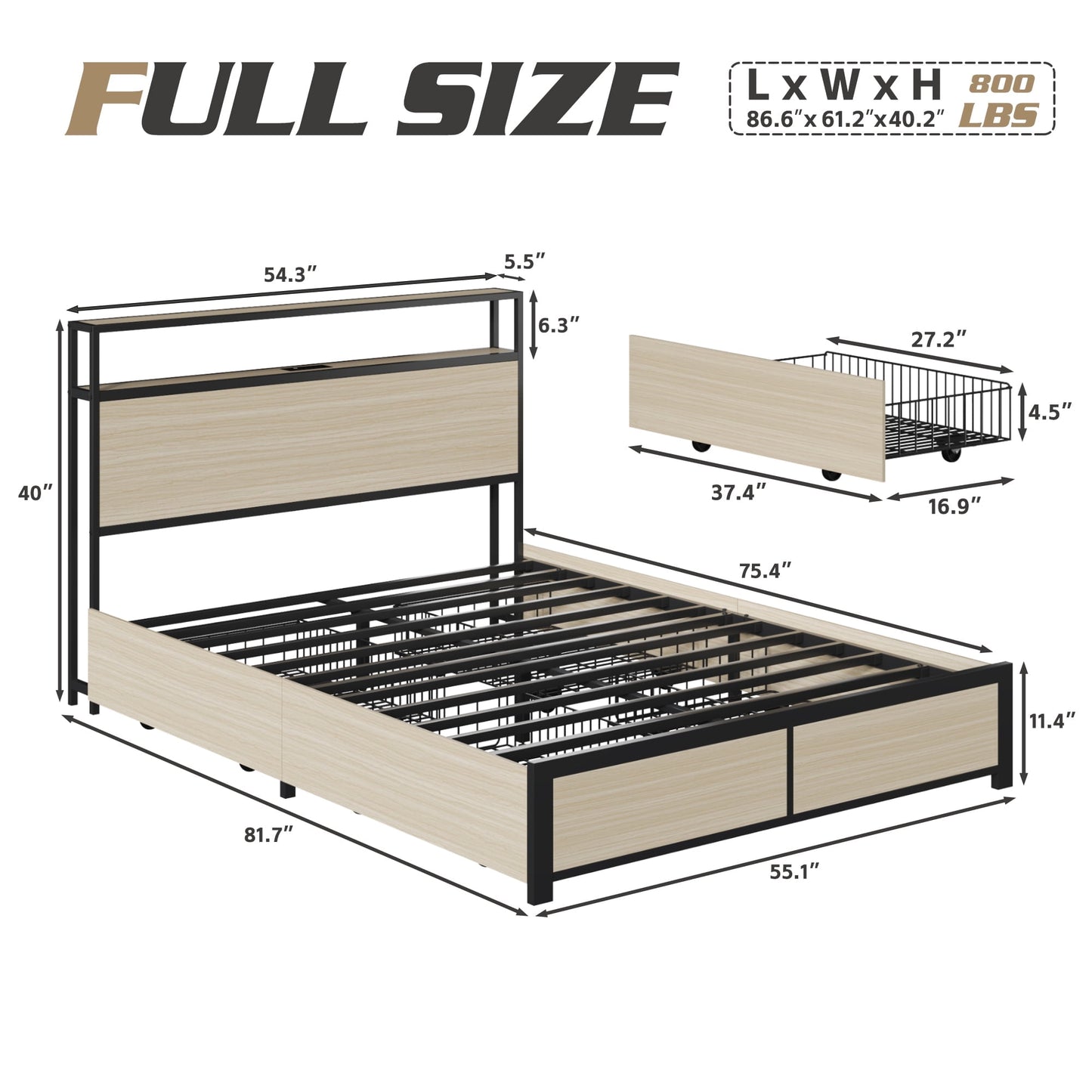 Lifezone Full Bed Frame with 2-Tier Storage Headboard, USB Port and LED Light, 4 Storage Drawers, Begie