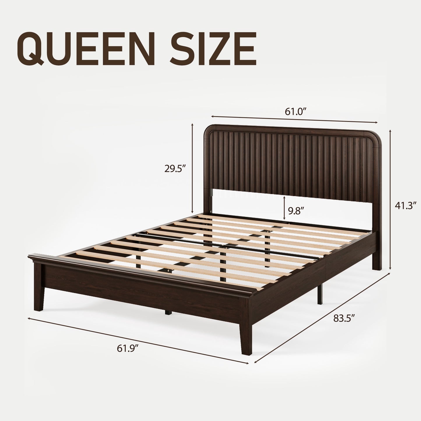 Fluest Queen Size Wood Platform Bed Frame with Vertical Slat Headboard, Rustic Brown, No Box Spring Needed, Noise-Free