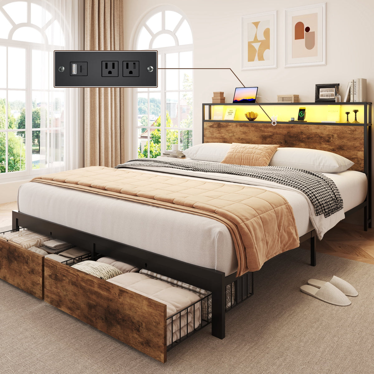Lifezone Queen Bed Frame with 2-Tier Storage Headboard, Metal Bed Frame with Storage Drawers & Built-in Charging Station & LED, No Box Spring Needed, Easy Assembly, Retro Brown