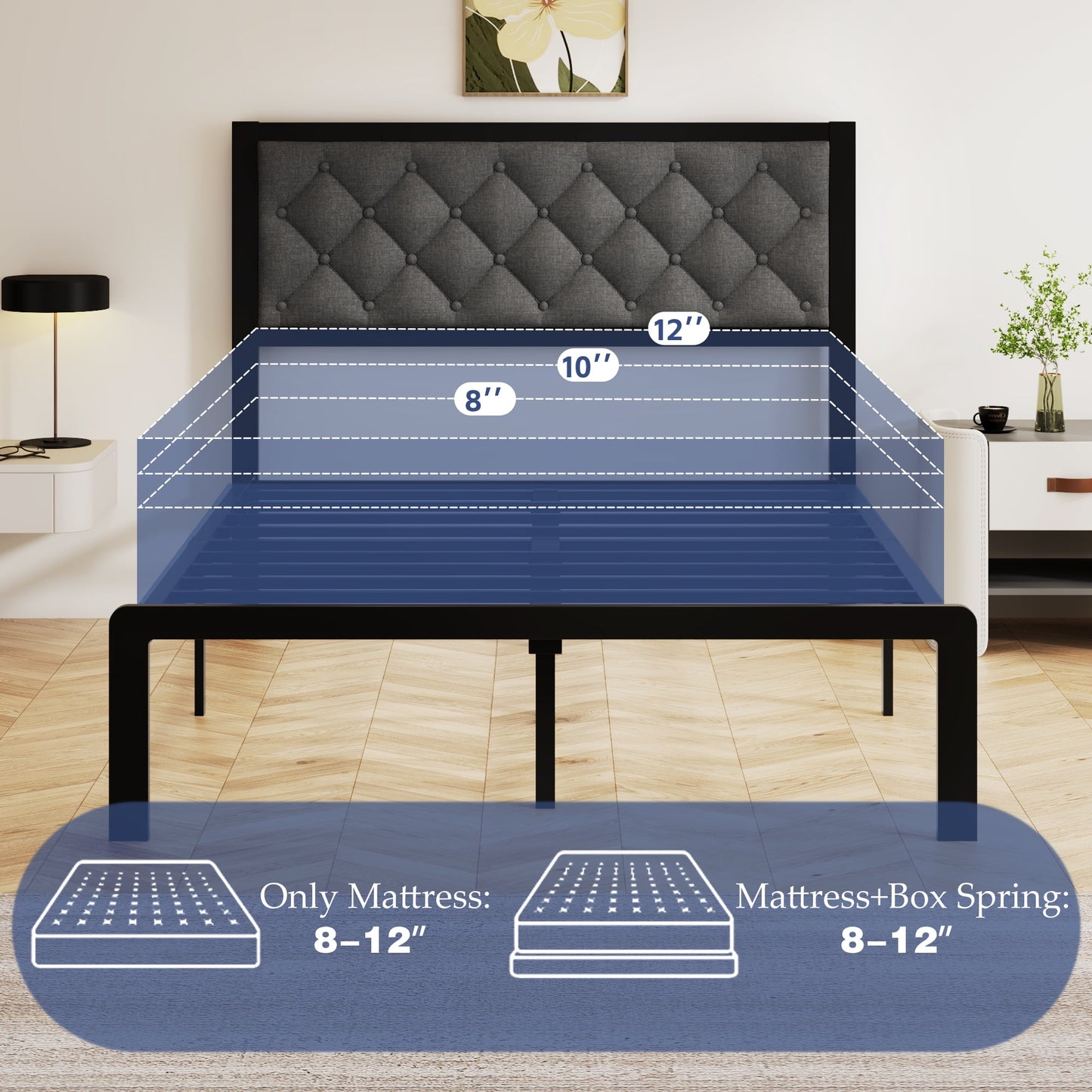 Lifezone Upholstered Bed Frame with Headboard, Full, Metal Support, No Box Spring Needed, Noise Free, Easy Assembly, Grey