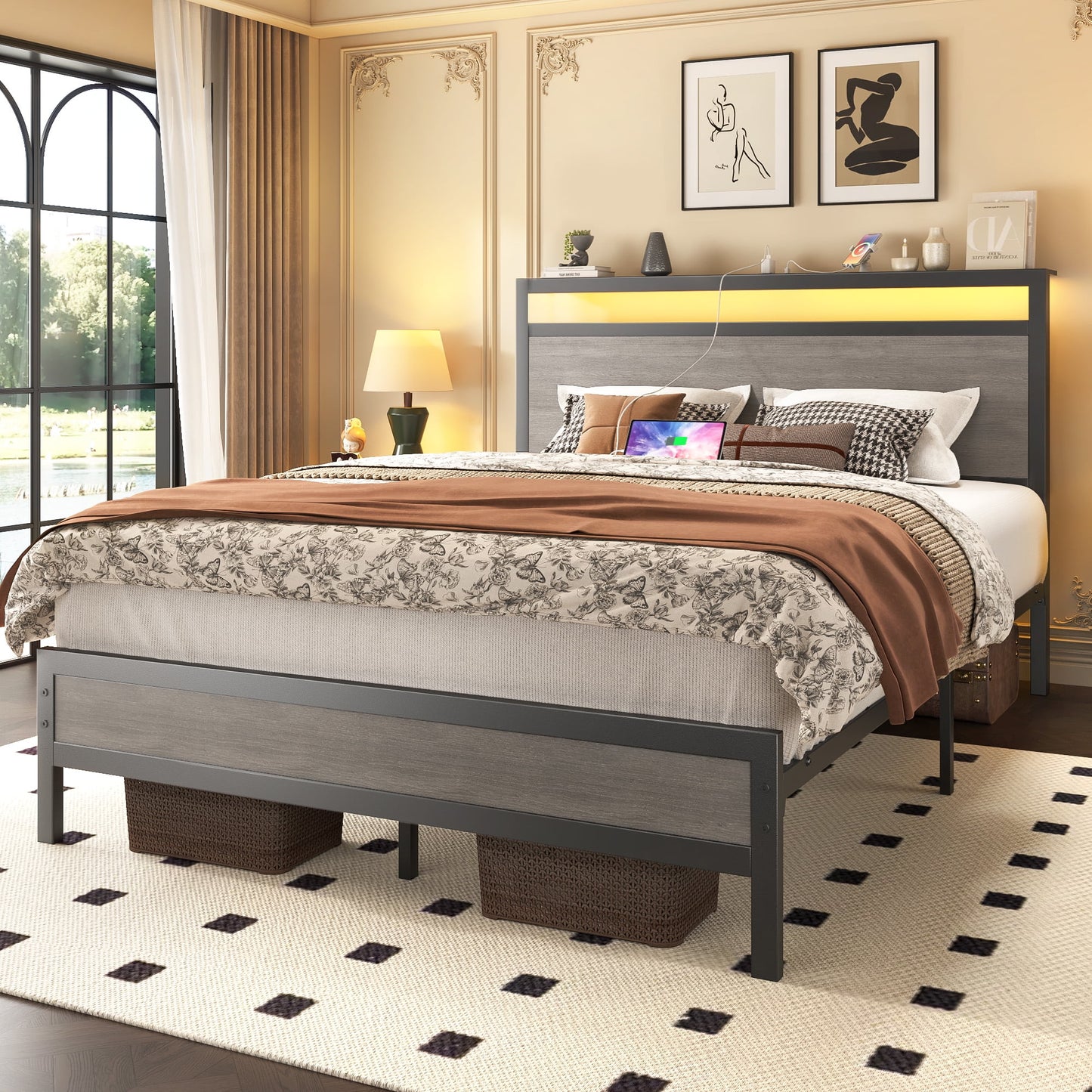 Full Bed Frame with Storage Headboard & Storage Drawer, Charging Station & LED Light, No Box Spring Needed, Noise Free, Easy Assembly, Gray