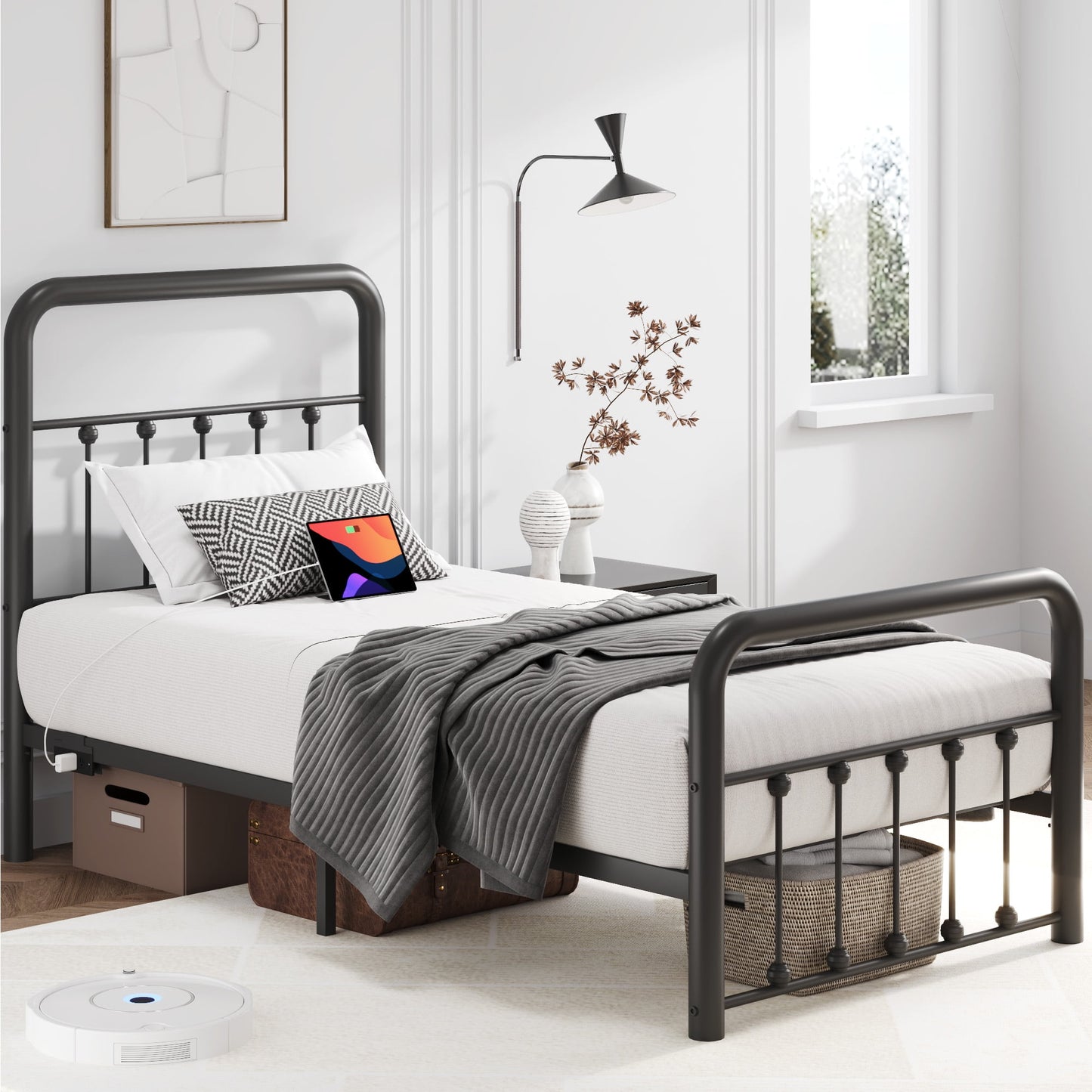 Lifezone Twin Bed Frame, Classic Metal Platform Bed Frame, with Charging Station and LED, No Need for Springs, Black