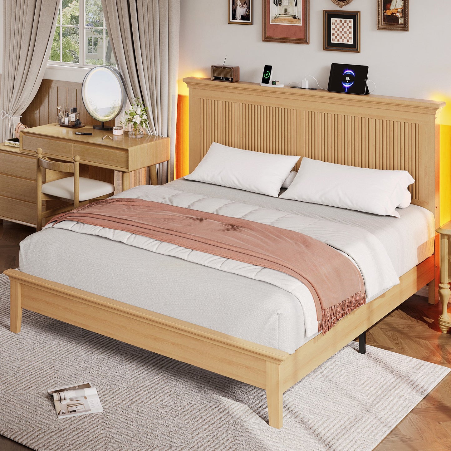 Lifezone Solid Wood Queen Platform Bed, Tall Headboard with Built-in RGB LED and Charging Station, Wood Slat Support, Noise-Free Natural Finish