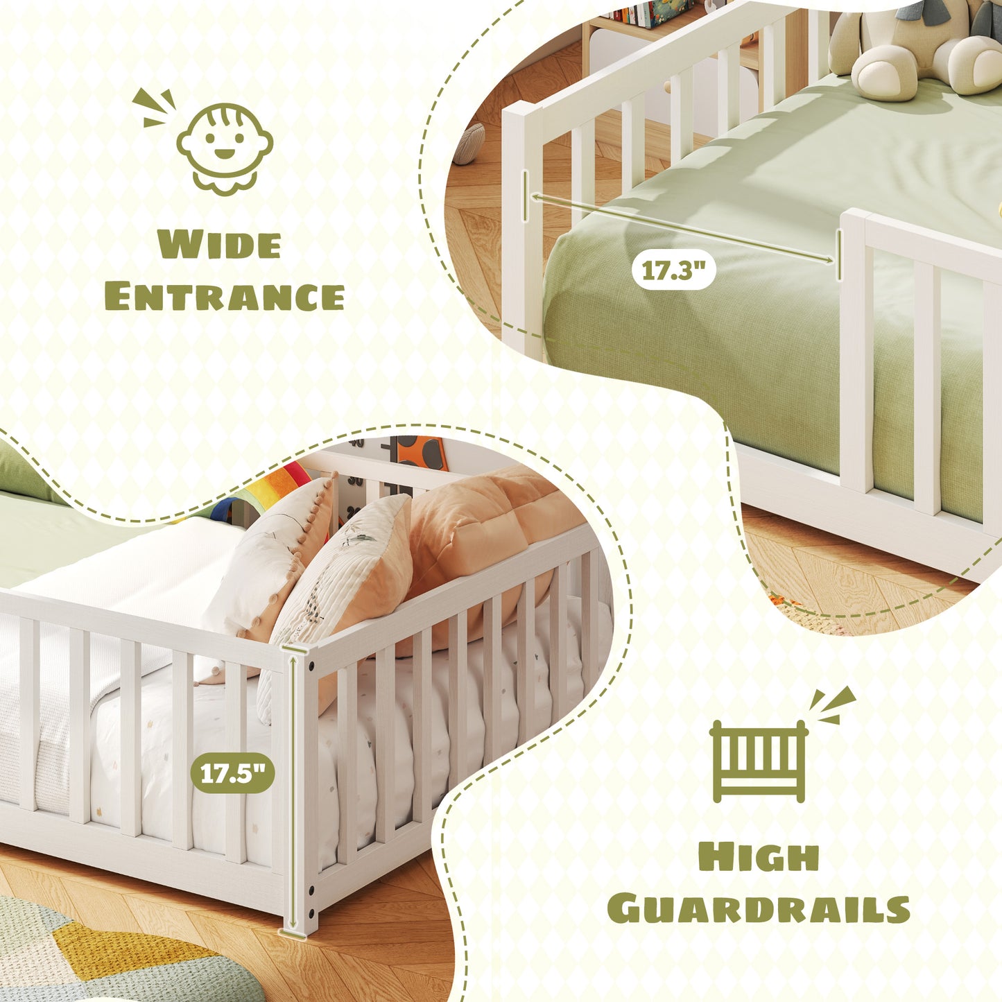 Toddler Floor Bed with Wood Slats, Twin Size Montessori Bed Frame for Girls and Boys, high Safety Guardrails, No Box Spring Needed, White