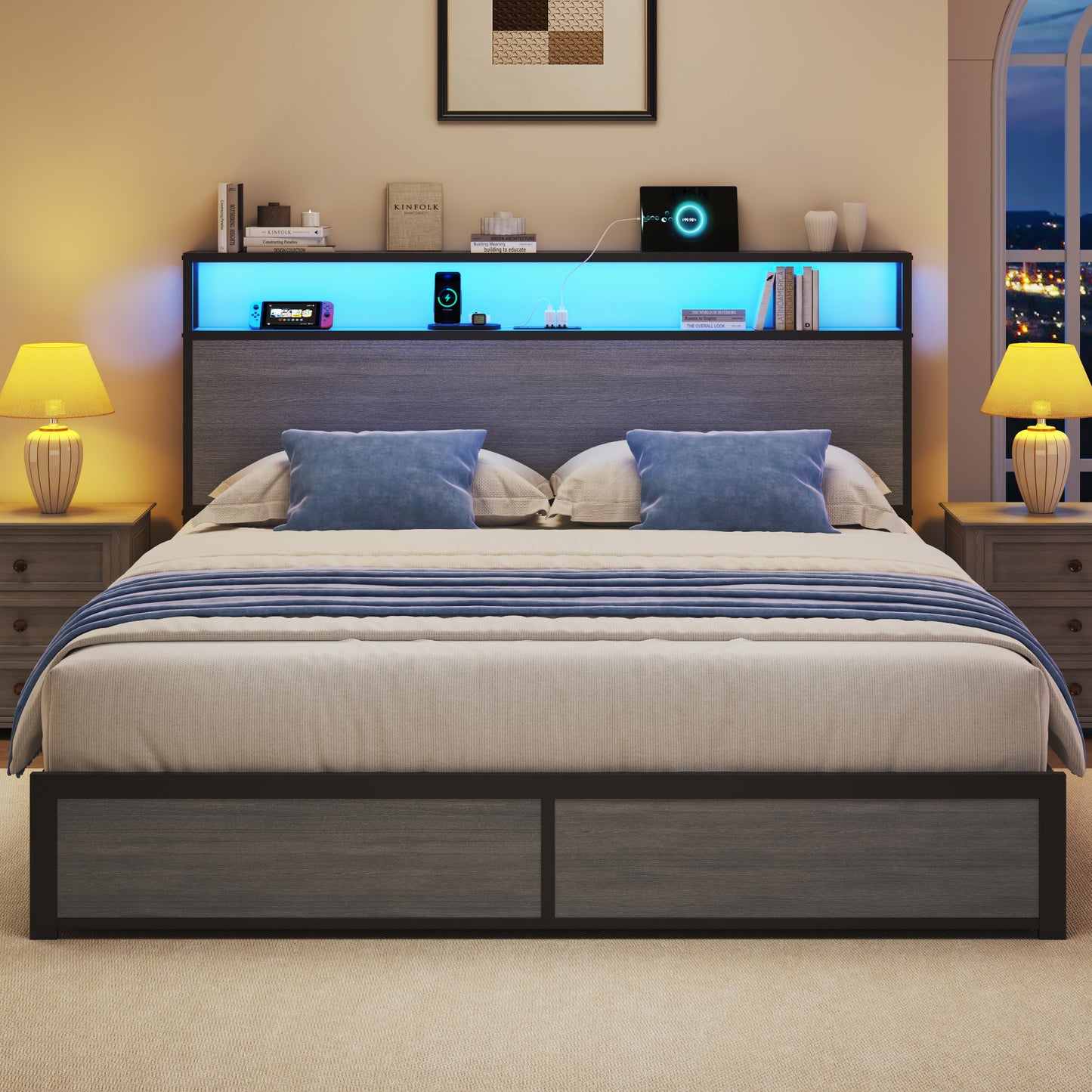 Lifezone Queen Size Lift Up Storage Bed Frame with 2-Tier Storage Headboard, Metal Platform Bed Frame with Charging Station & LED Light, Hydraulic Support, No Box Spring Needed/Noise Free, Rustic Grey