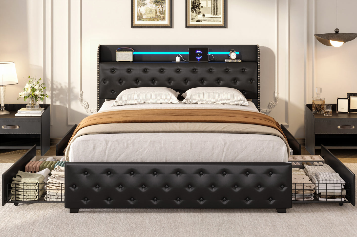 Lifezone Queen Bed Frame with 4 Storage Drawers and LED Lights, Upholstered Faux Leather Wingback Platform Bed with Type-C Charging Station, Noise-Free Heavy Duty Metal, No Box Spring Needed, Black