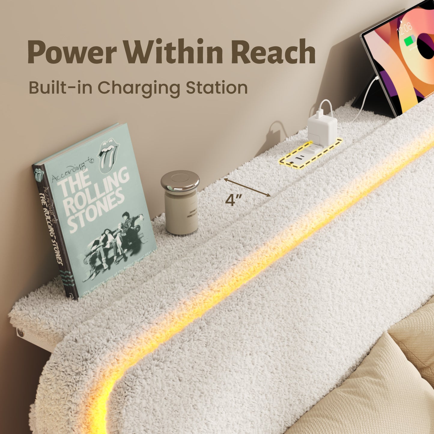 Lifezone Queen Bed Frame with Charging Station & LED Lights, Boucle Upholstered Cloud Bed with Headboard and Shelf, Noise Free, Sturdy Metal Support, No Box Spring Needed, Soft Rounded Corners, Beige