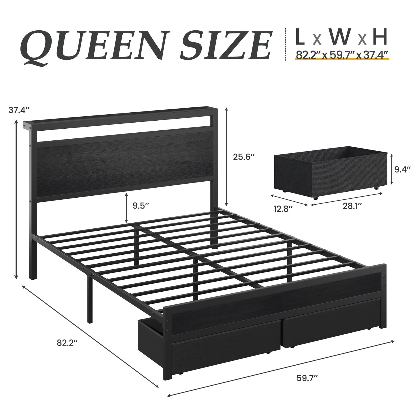 Queen Bed Frame with Headboard & Footboard, Bed Frame with Built-in Charging Station & LED Light, 2 Drawers, Storage Shelf, Noise-Free, No Box Spring Needed, Easy Assembly, Classic Black