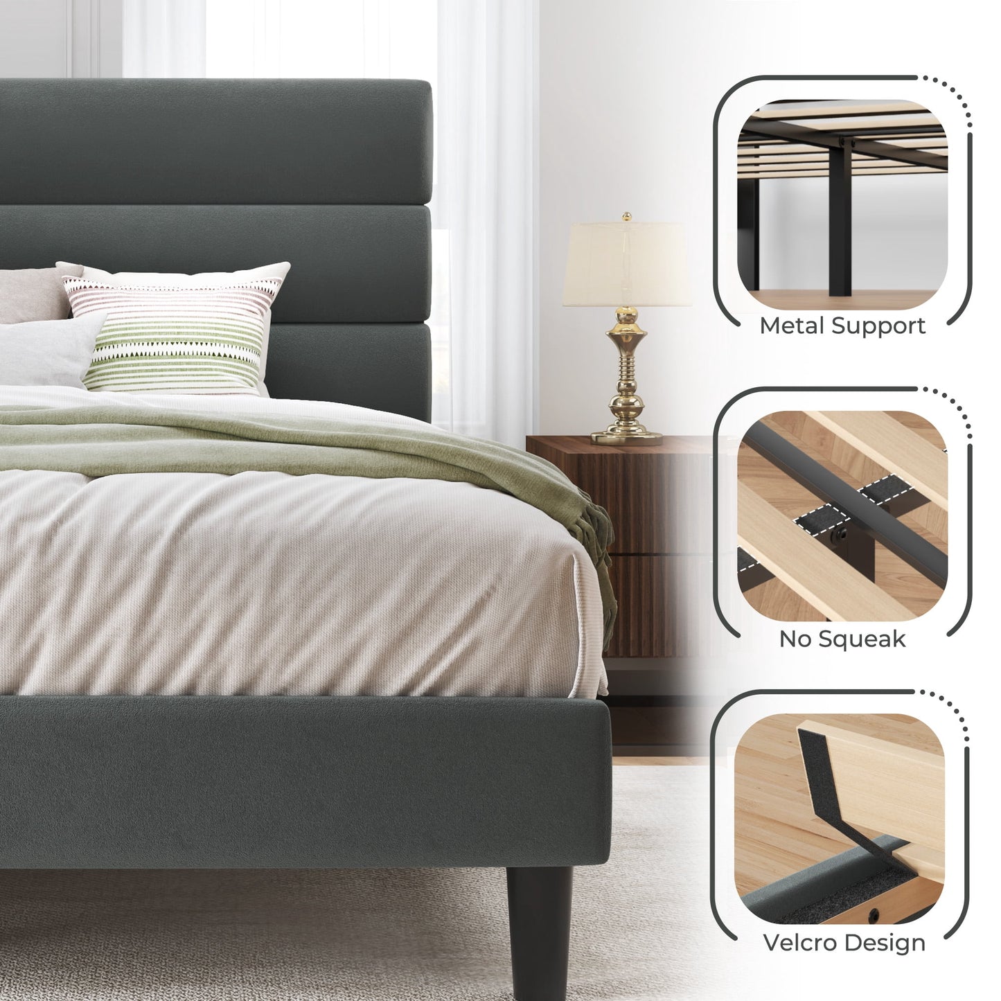 Lifezone Queen Bed Frame with Velvet Upholstered Headboard, Metal Support, No Box Spring Needed, Noise Free, Easy Assembly, Grey