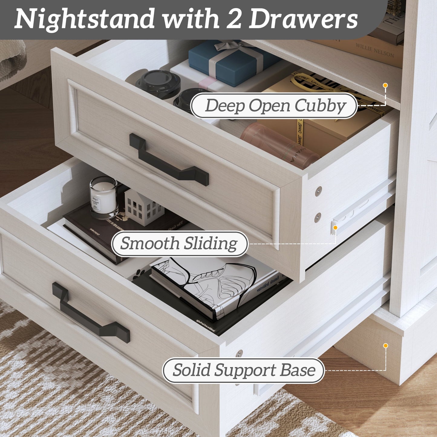Lifezone 24” Farmhouse Rustic Nightstand - Antique White, Charging Station, Drawers & Open Storage