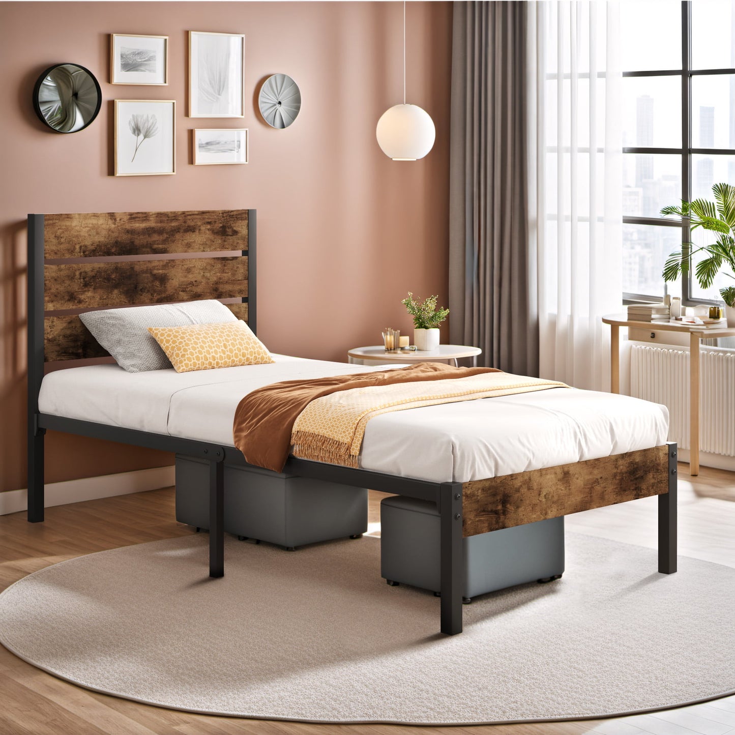 Lifezone Twin Bed Frame with Rustic Vintage Wood Headboard and Footboard,Metal Support,Rustic Brown