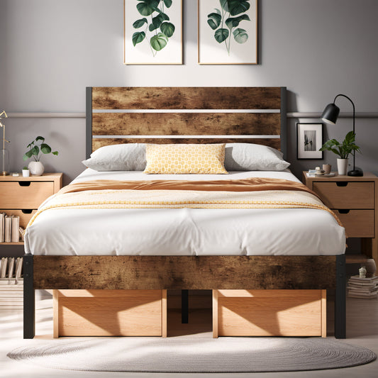 Lifezone Full Bed Frame with Rustic Vintage Wood Headboard and Footboard,Metal Support,Rustic Brown