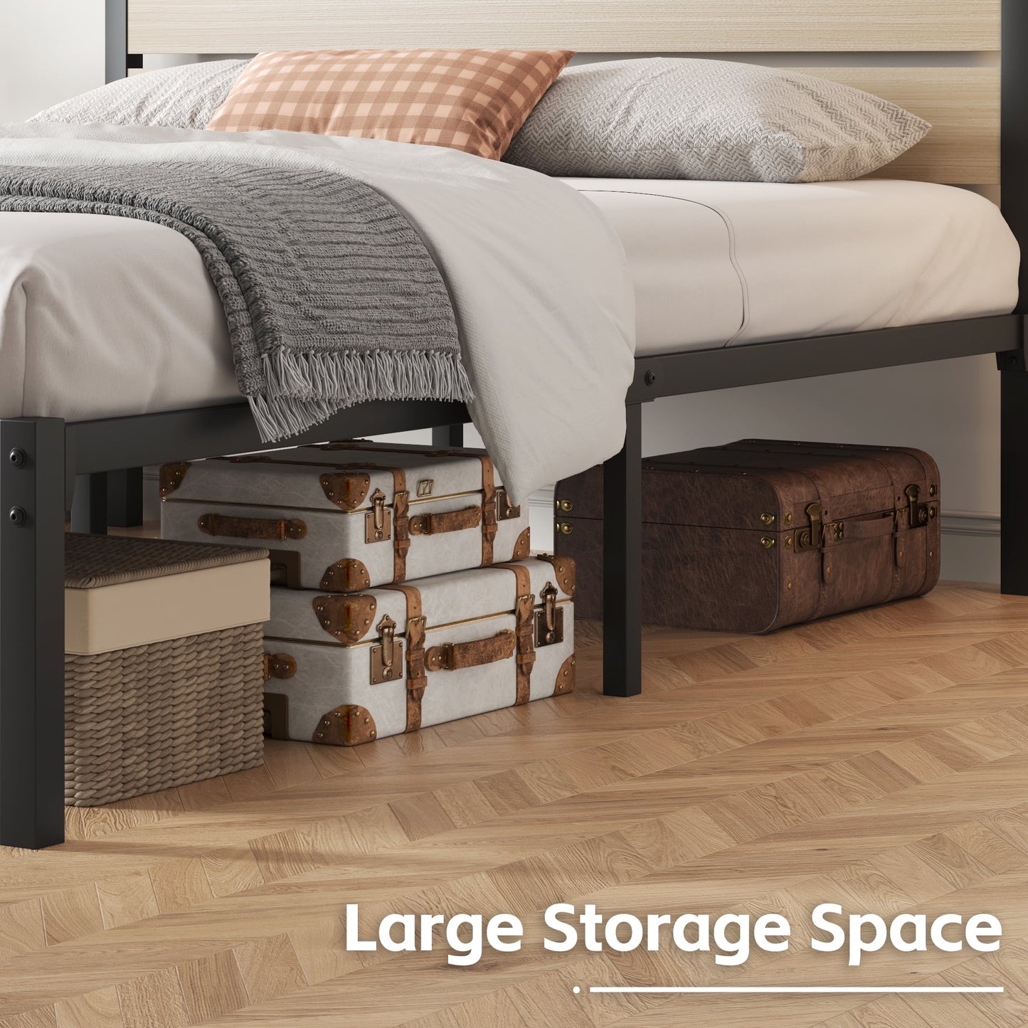 Lifezone Full Bed Frame with Rustic Vintage Wood Headboard and Footboard,Metal Support,Beige