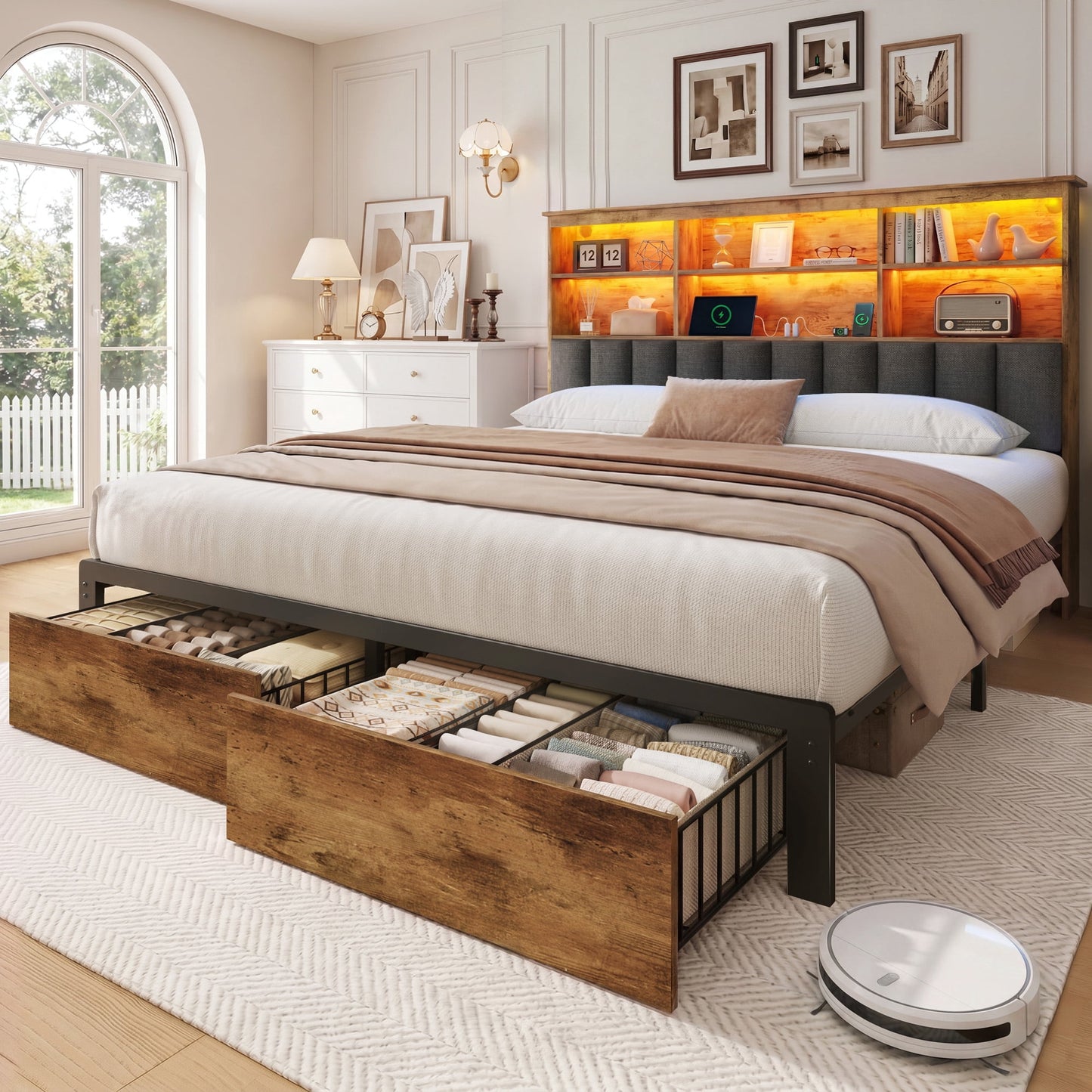 Lifezone Queen Storage Bed Frame with 2 Drawers, Bookcase Headboard & Charging Station, No Box Spring Needed, Rustic Brown