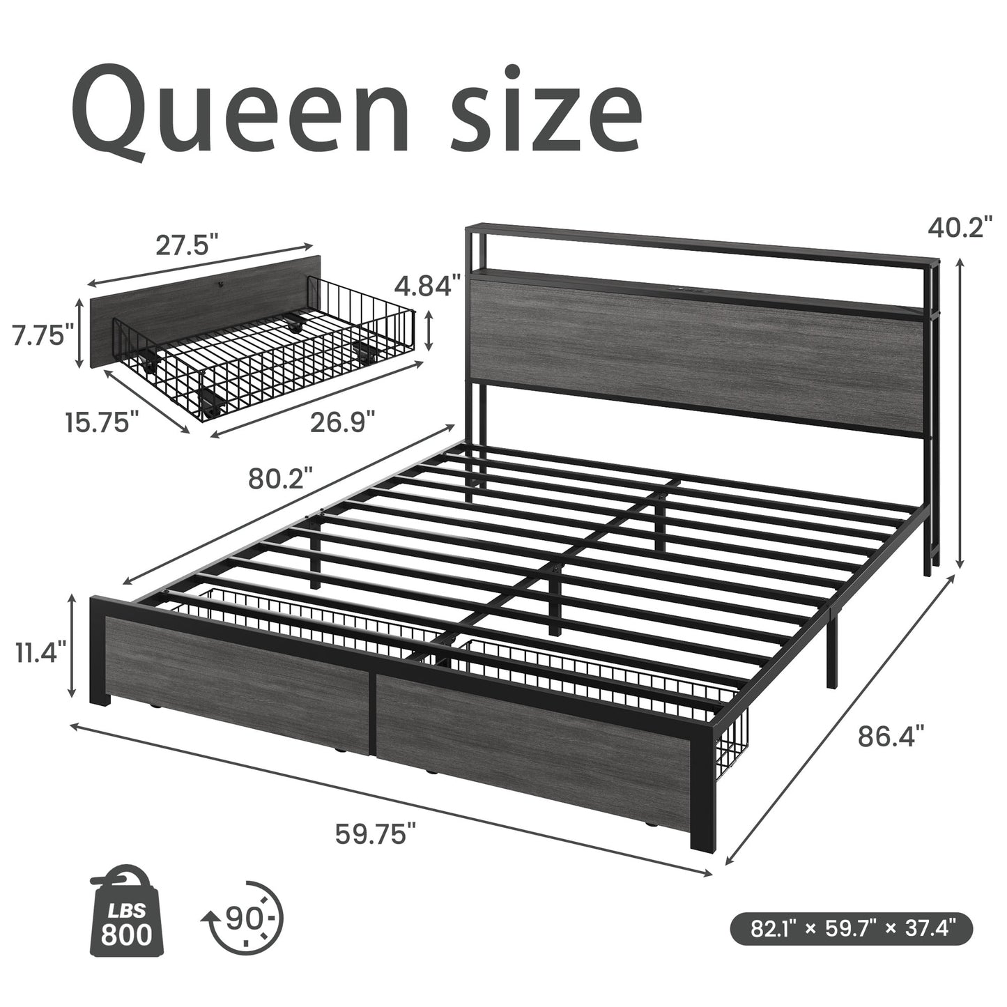 Lifezone Queen Bed Frame with 2-Tier Storage Headboard, Metal Bed Frame with Storage Drawers, Built-in Charging Station & LED Lights, Noise-Free, No Box Spring Needed, Easy Assembly, Rustic Grey