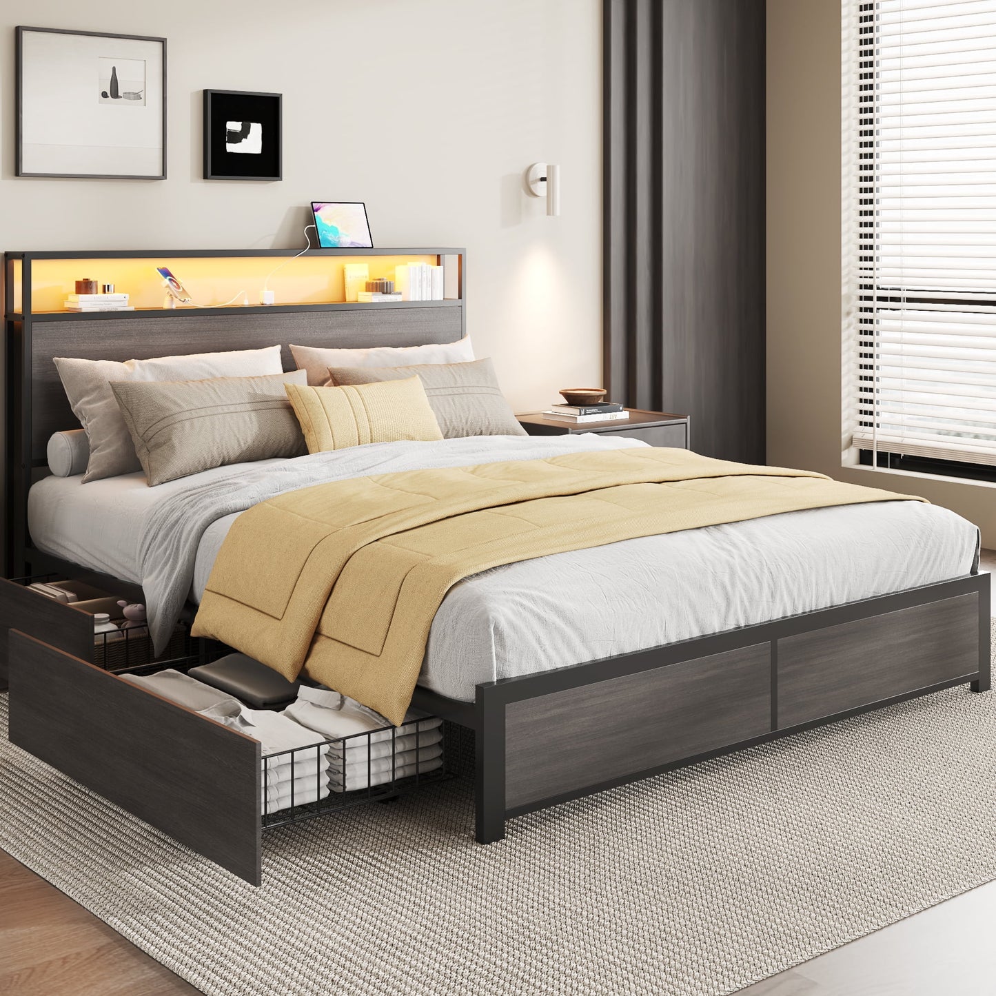 Lifezone Queen Size Bed Frame with 2-Tier Bookcase Headboard Platform Bed with Charging Station & LED, 4 Storage Drawers, Metal Support, No Box Spring Needed, Noise Free, Grey