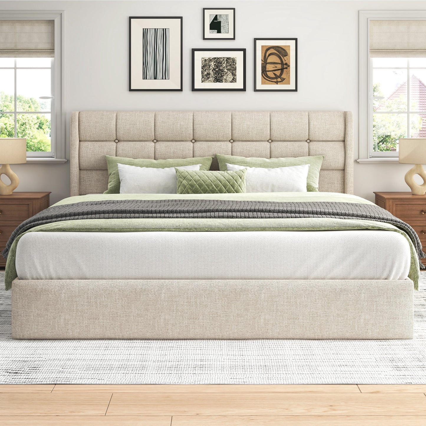 Lifezone King Linen Upholstered Storage Bed Frame with Button Tufted Wingback Headboard, Hydraulic Lift-Up Under-Bed Storage, Beige