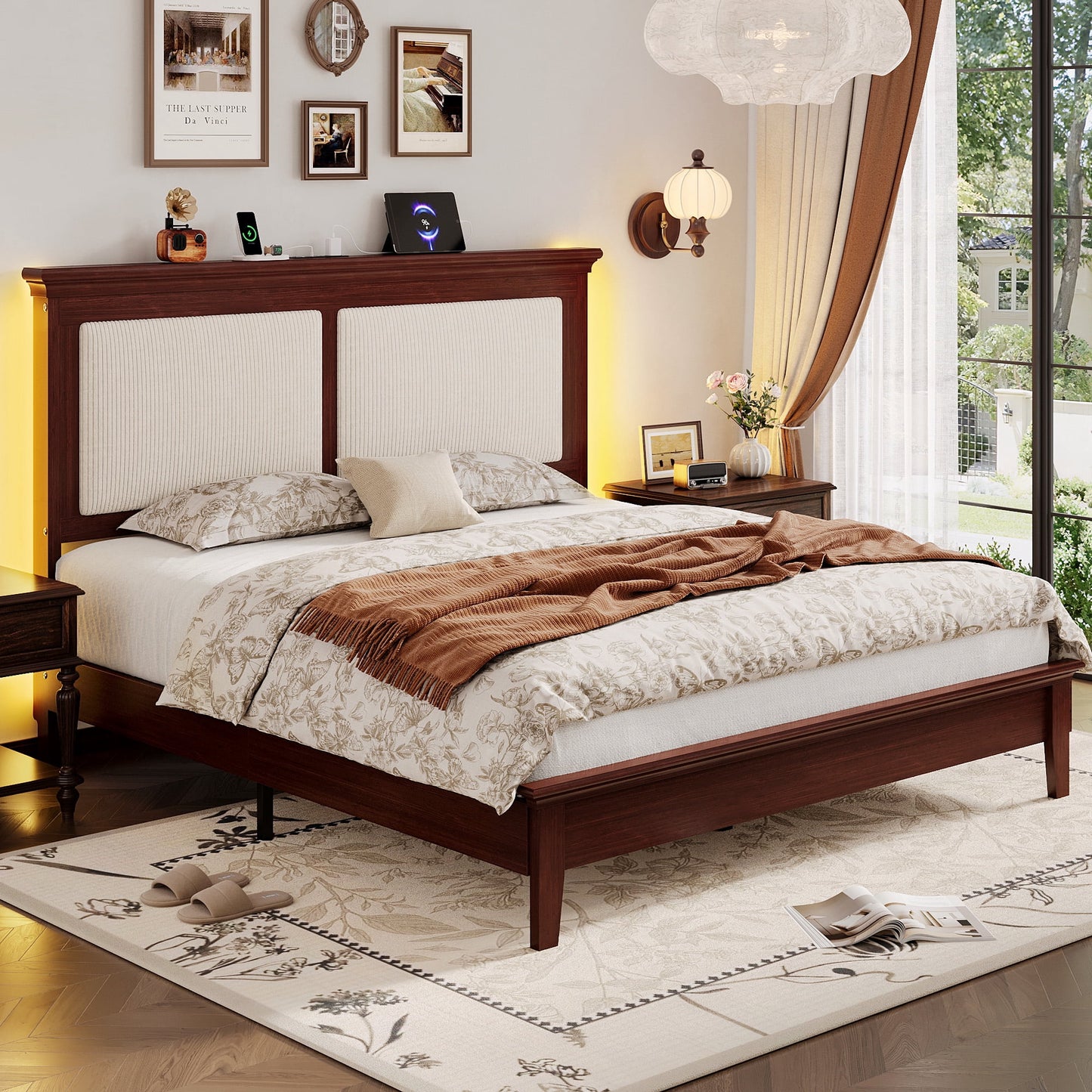 Lifezone Queen Solid Wood Platform Bed Frame, White Vertical Striped Upholstered Headboard with LED Light, Noise-Free, Reddish Brown