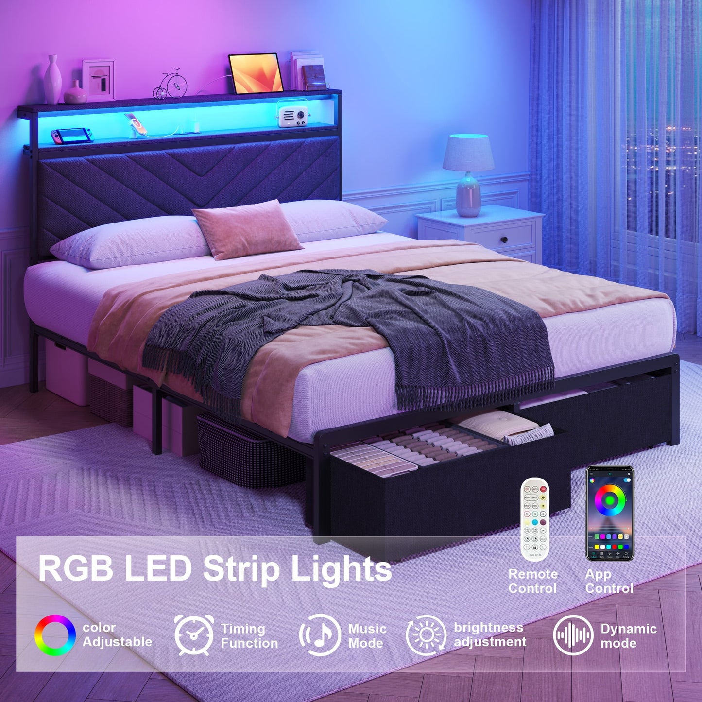 Lifezone Twin Bed Frame with Two-Tier Storage Headboard, USB Port and LED Light, Two Storage Drawers, Grey