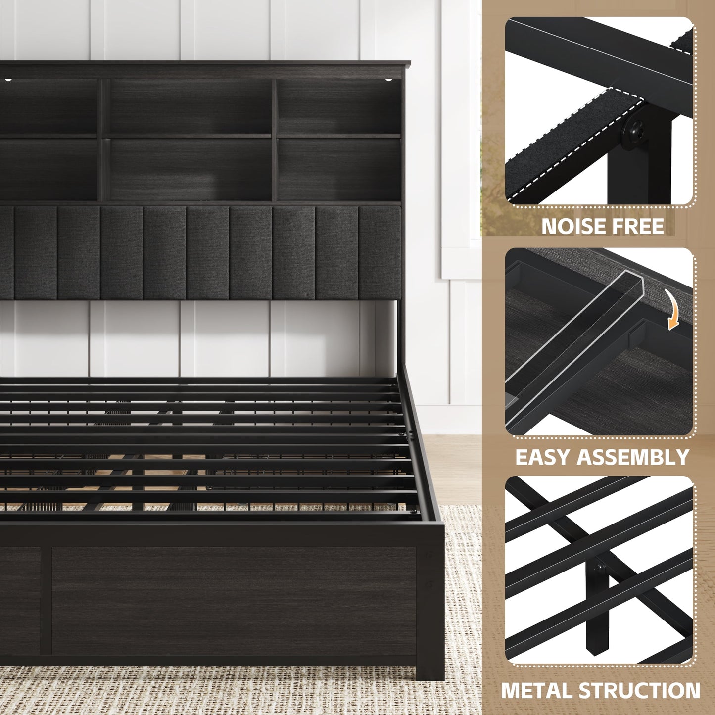 Lifezone Bookcase Beds Queen Bed Frame with Wooden Platform, Rustic Grey