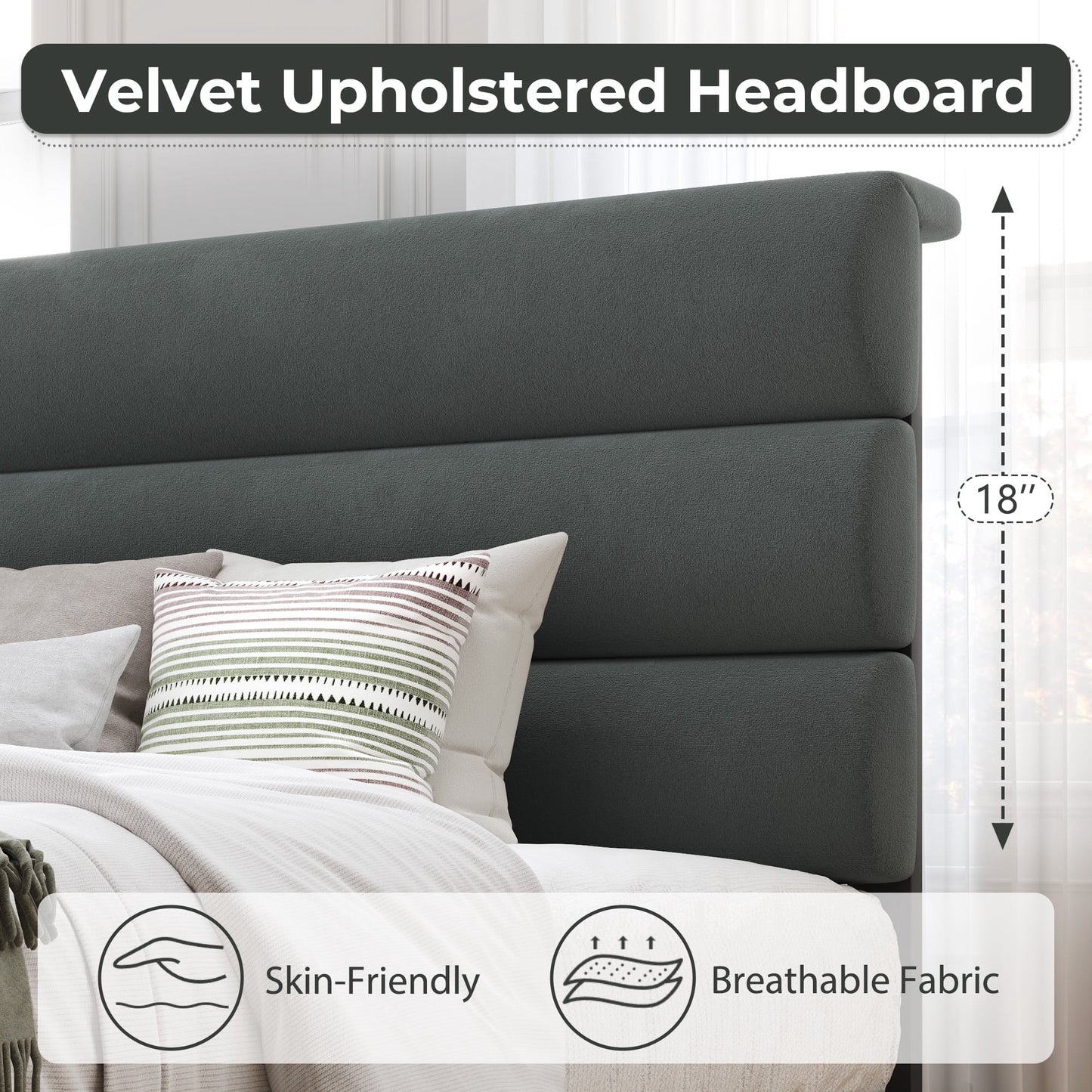Lifezone Queen Bed Frame with Velvet Upholstered Headboard, Metal Support, No Box Spring Needed, Noise Free, Easy Assembly, Grey