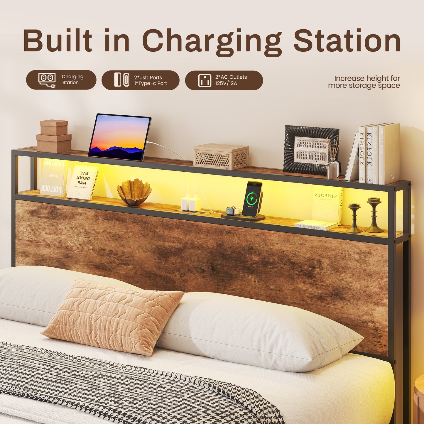 Lifezone Queen Bed Frame with 2-Tier Storage Headboard, Metal Bed Frame with Storage Drawers & Built-in Charging Station & LED, Noise-Free, No Box Spring Needed, Easy Assembly, Retro Brown