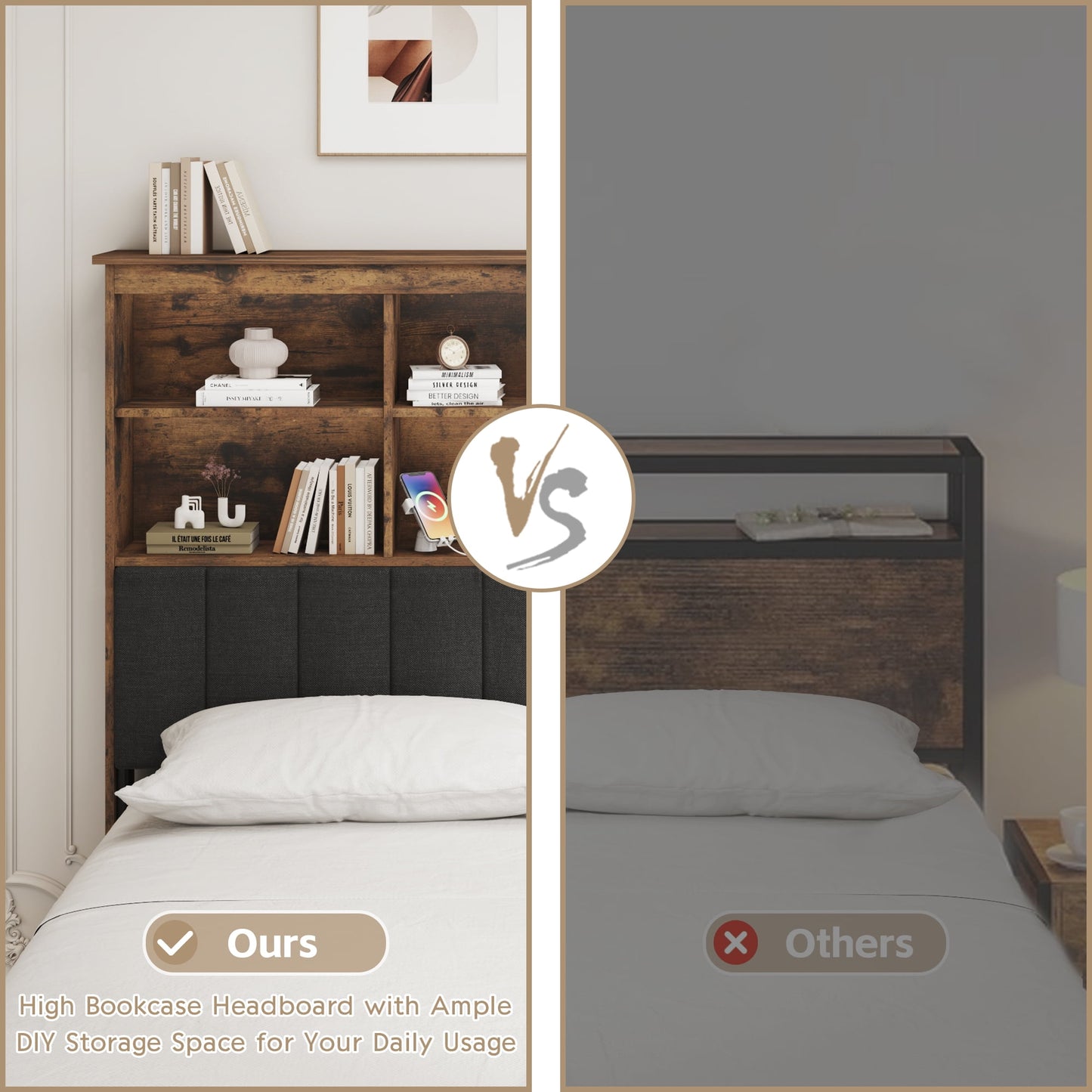 Lifezone Bookcase Beds Queen Bed Frame with Wooden Platform, Rustic Brown