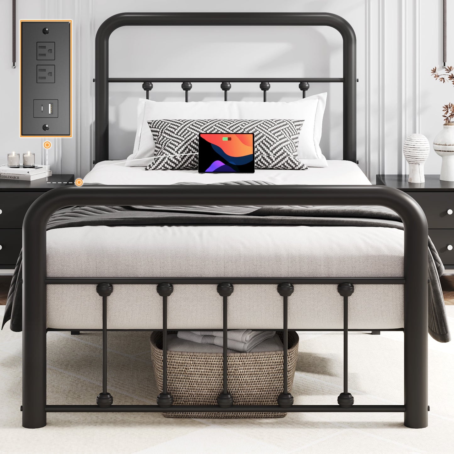 Lifezone Twin Bed Frame, Classic Metal Platform Bed Frame, with Charging Station and LED, No Need for Springs, Black