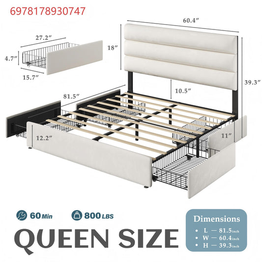Lifezone Queen Bed Frame with Velvet Upholstered Headboard, Queen Size Platform Bed with Storage Drawers, Metal Support, No Box Spring Needed, Noise-Free, Easy Assembly, White