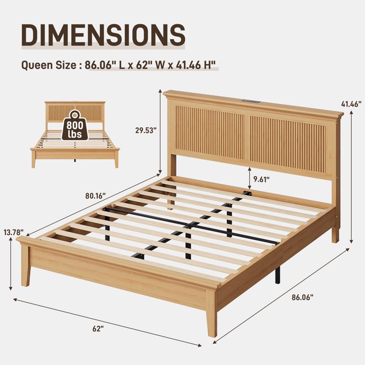 Lifezone Solid Wood Queen Platform Bed, Tall Headboard with Built-in RGB LED and Charging Station, Wood Slat Support, Noise-Free Natural Finish