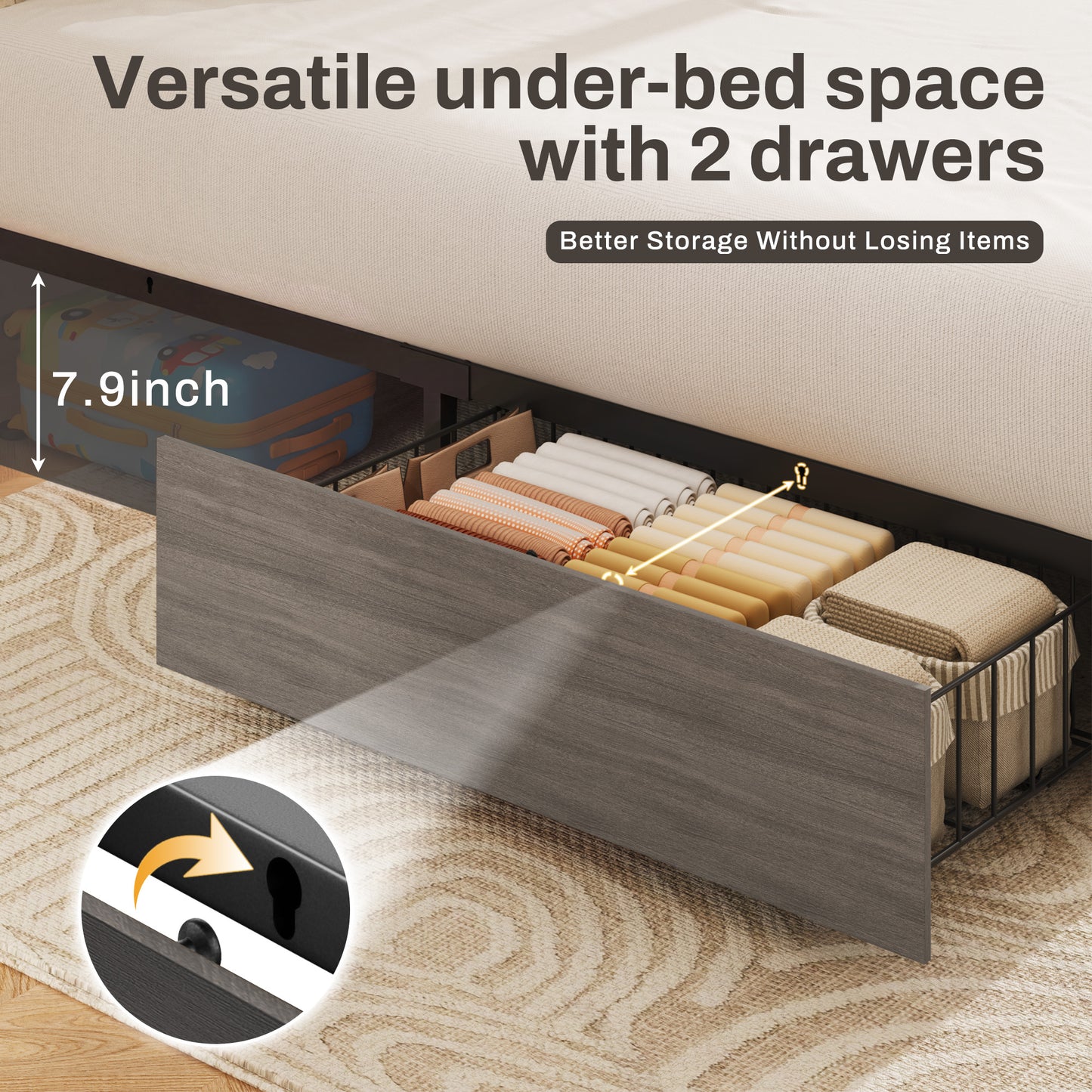 Lifezone Twin Bed Frame with 2 Storage Drawers, Platform Bed Frame with Headboard, Charging Station & LED, Metal Support, No Box Spring Needed, Noise Free, Gray
