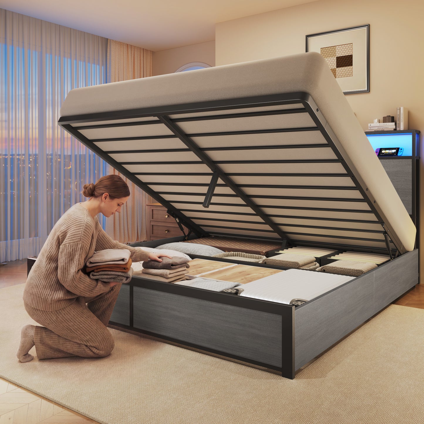 Lifezone Queen Size Lift Up Storage Bed Frame with 2-Tier Storage Headboard, Metal Platform Bed Frame with Charging Station & LED Light, Hydraulic Support, No Box Spring Needed/Noise Free, Rustic Grey