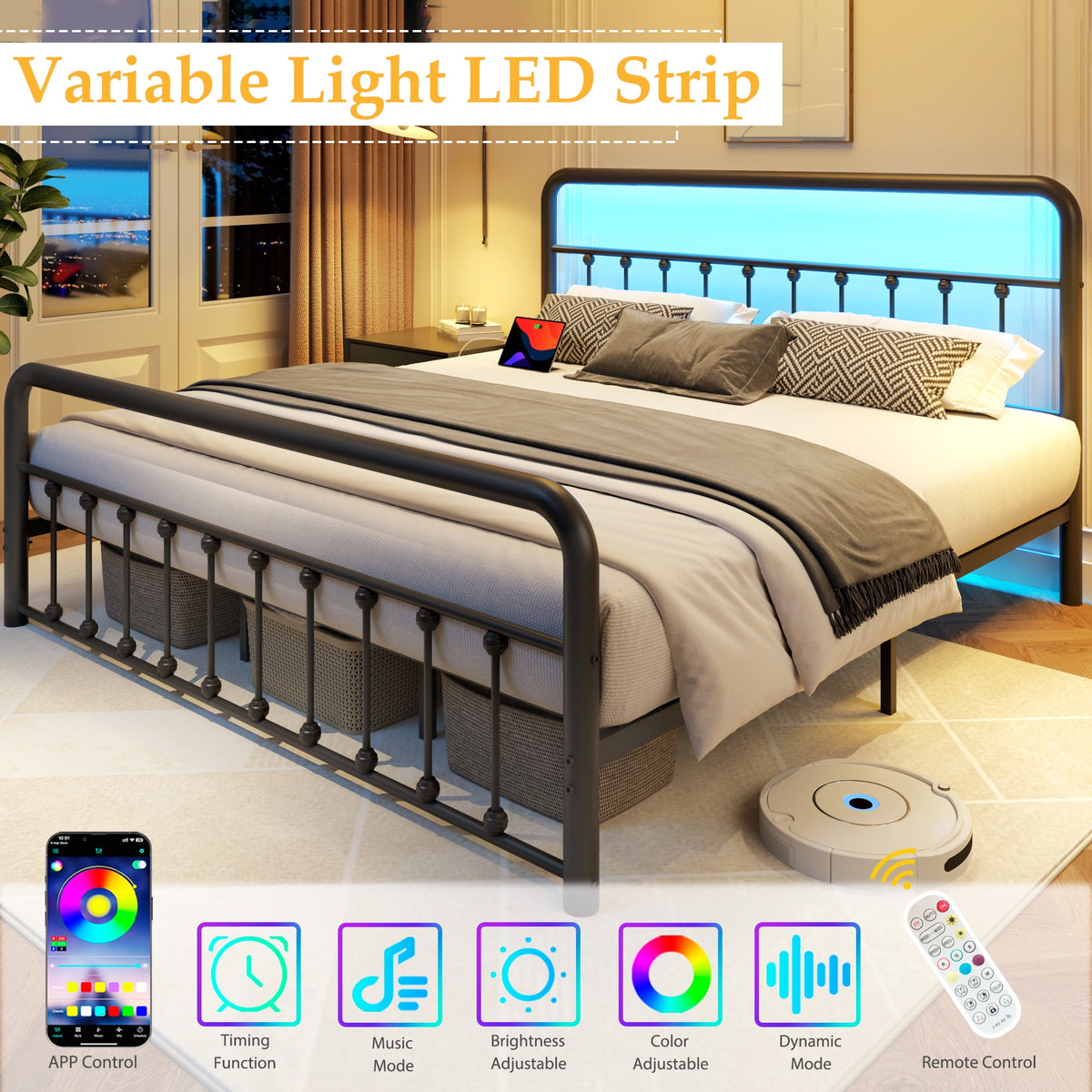 King Metal Platform Bed Frame, Classic Modern with Charging Station and LED Lights, No Box Spring Needed, Black