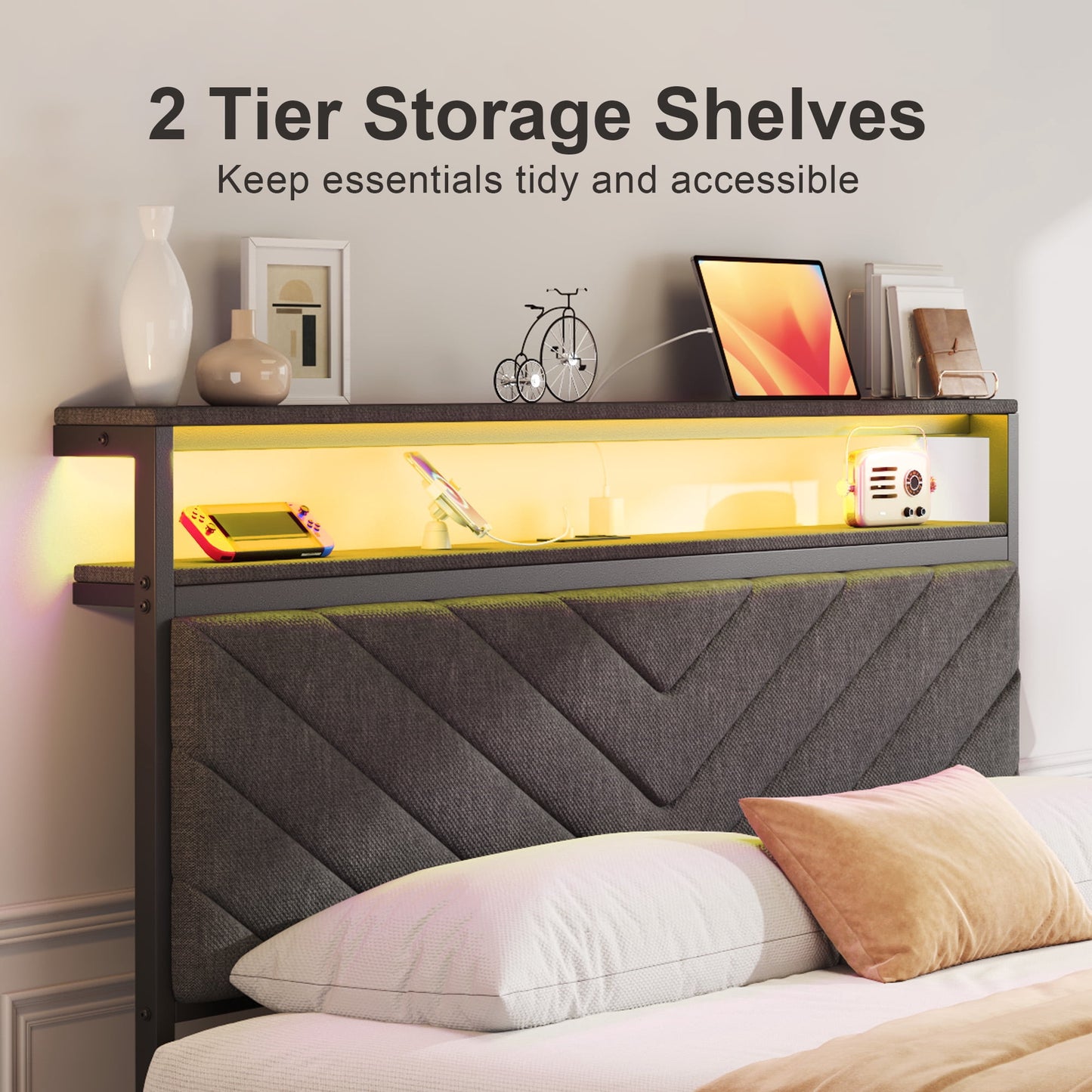 Full bed frame with charging station, LED lights, and storage drawers, with soft cushioned headboard, under bed storage space, easy to install, gray