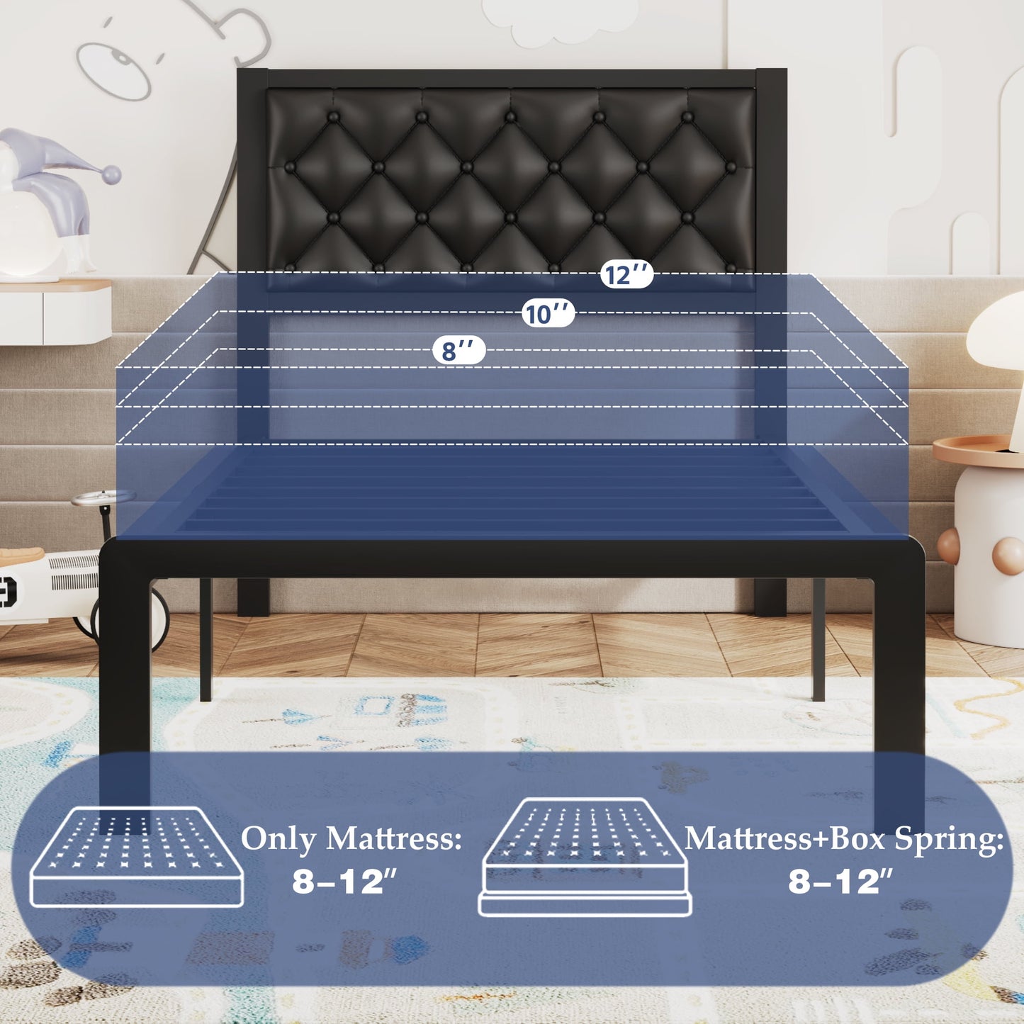 Lifezone Twin Bed Frame with Upholstered Headboard, Metal Support, No Box Spring Needed,Black