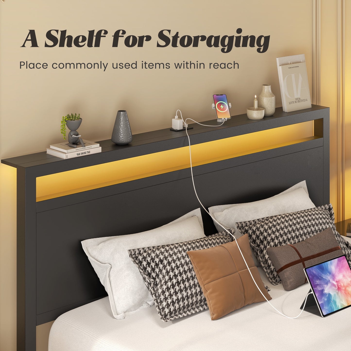 Full Bed Frame with Storage Headboard & Storage Drawer, Charging Station & LED Light, No Box Spring Needed, Noise Free, Easy Assembly, Classic Black