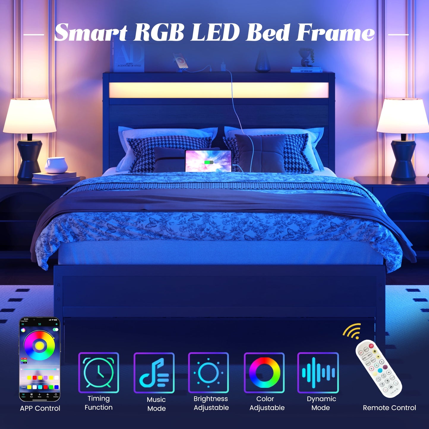 Twin Bed Frame,Twin Bed Frame with Storage Headboard & Storage Drawer, Charging Station & LED Light, No Box Spring Needed, Noise Free, Easy Assembly, Classic Black