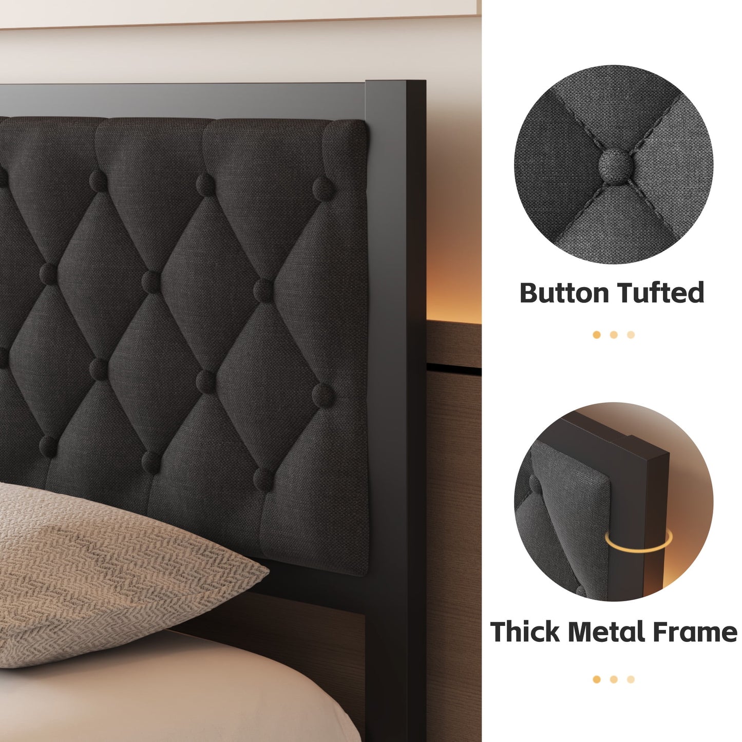 Lifezone Bed Frame with Linen Upholstered Headboard, Queen, Metal Support, No Box Spring Needed, Grey