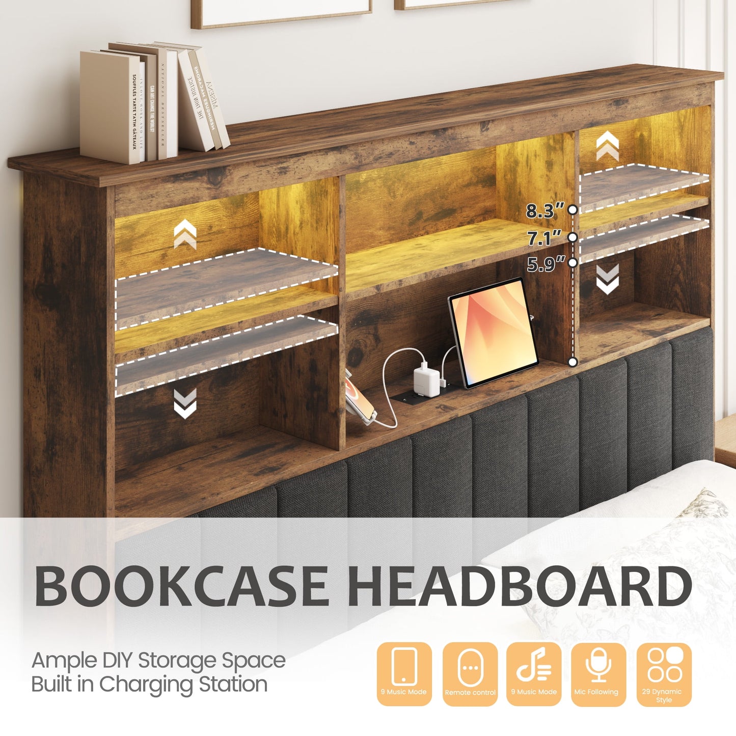 Lifezone Bookcase Beds Full Bed Frame with Wooden Platform, Rustic Brown