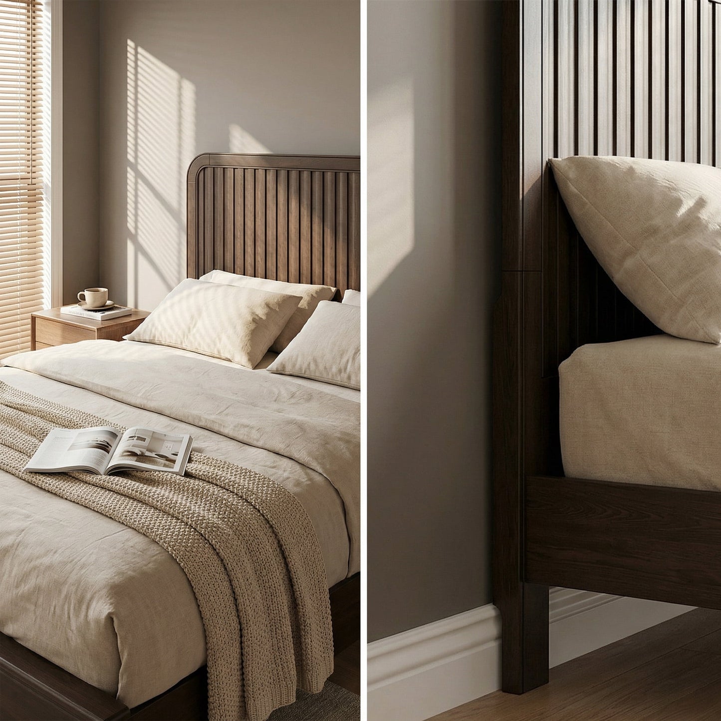 Fluest Queen Size Wood Platform Bed Frame with Vertical Slat Headboard, Rustic Brown, No Box Spring Needed, Noise-Free