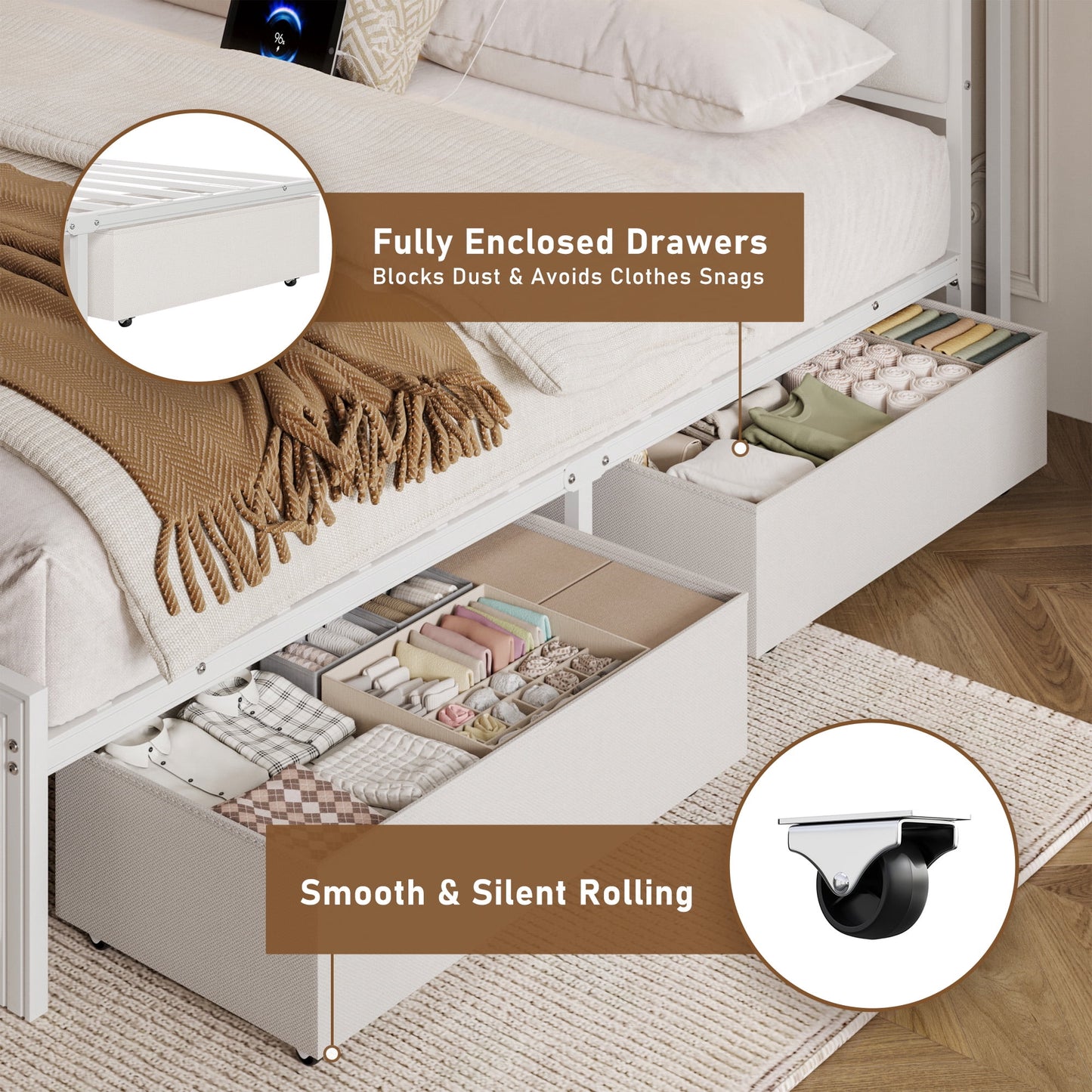 Lifezone Queen Bed Frame with Headboard, Platform Bed Frame with 4 Storage Drawers, Charging Station & LED, Metal Support, No Box Spring Needed, Noise Free, White