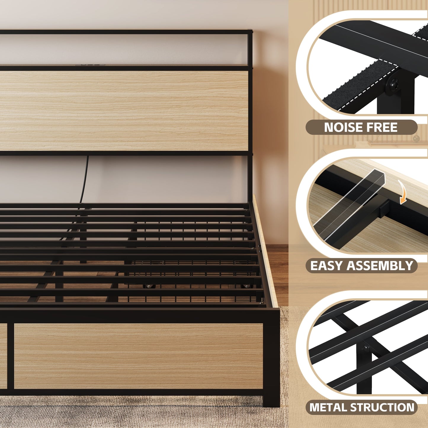 Lifezone Rustic Adult Queen MDF Metal Bookcase Bed with LED Light & Drawers, Beige